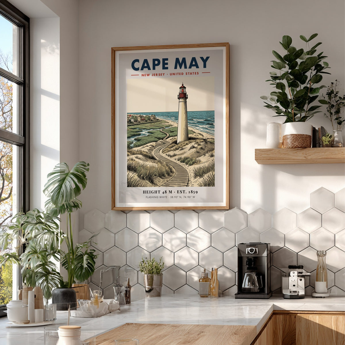 Poster featuring the Cape May lighthouse, grassy dunes, and a boardwalk by the sea.