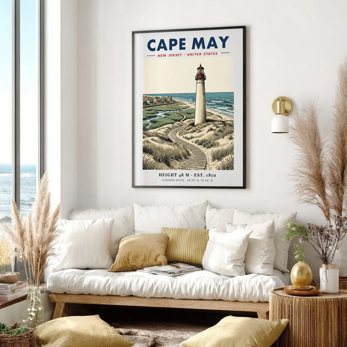 Poster featuring the Cape May lighthouse, grassy dunes, and a boardwalk by the sea.