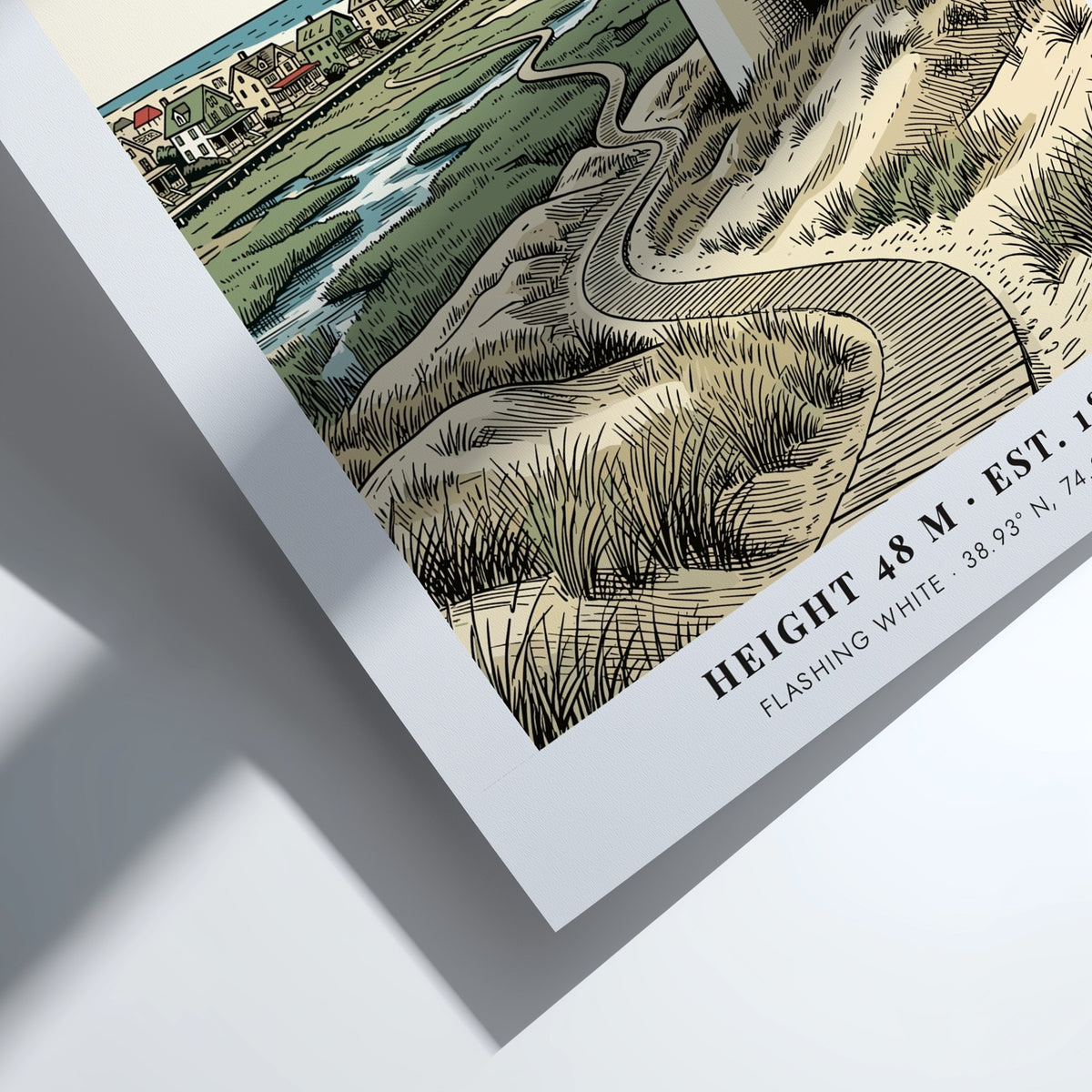 Poster featuring the Cape May lighthouse, grassy dunes, and a boardwalk by the sea.