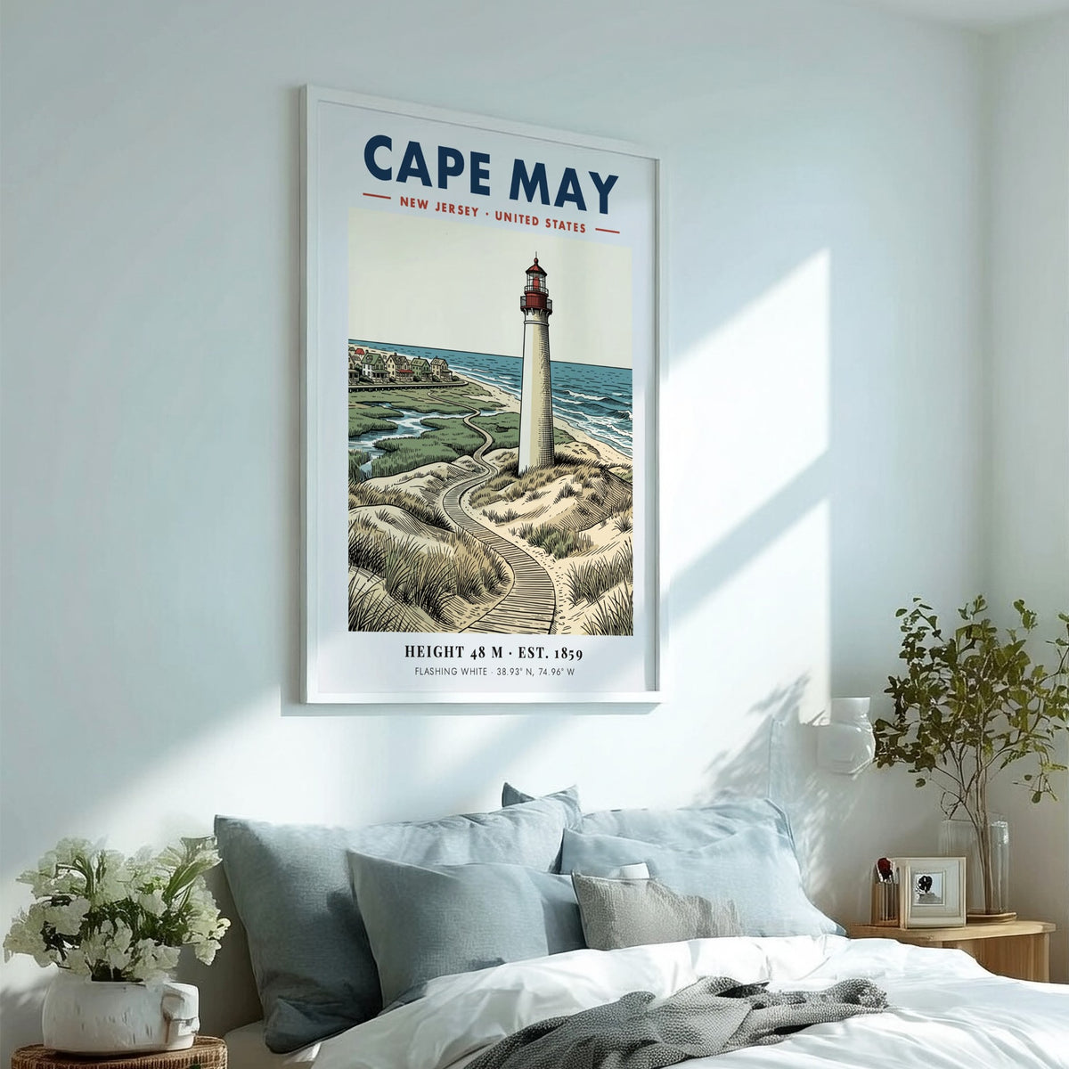 Poster featuring the Cape May lighthouse, grassy dunes, and a boardwalk by the sea.
