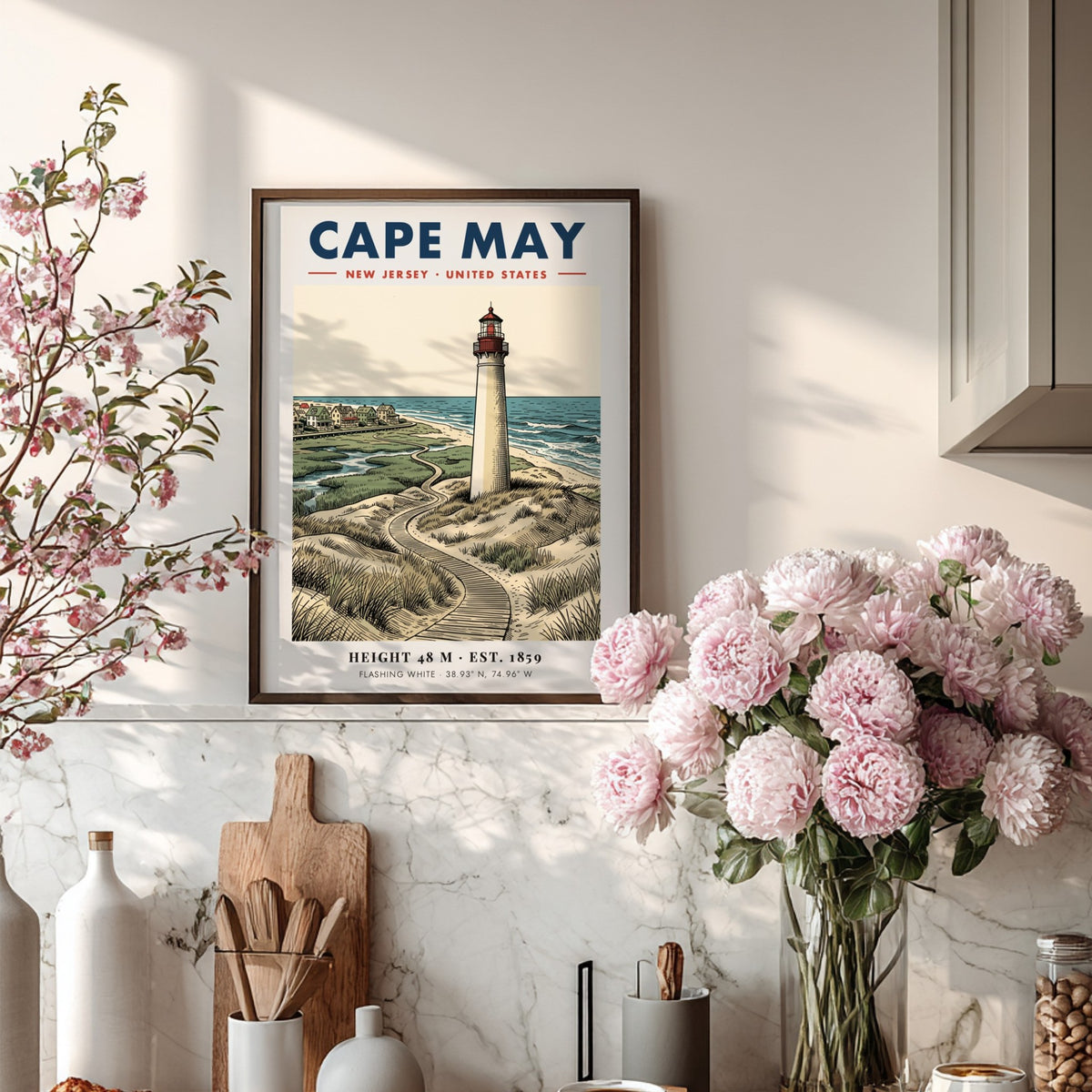 Poster featuring the Cape May lighthouse, grassy dunes, and a boardwalk by the sea.