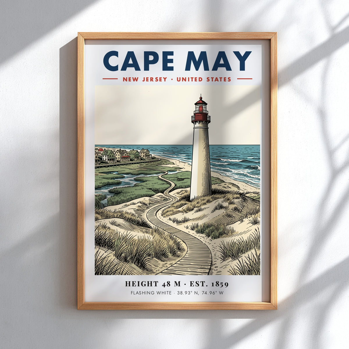 Poster featuring the Cape May lighthouse, grassy dunes, and a boardwalk by the sea.