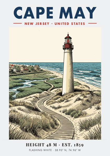 Poster featuring the Cape May lighthouse, grassy dunes, and a boardwalk by the sea.