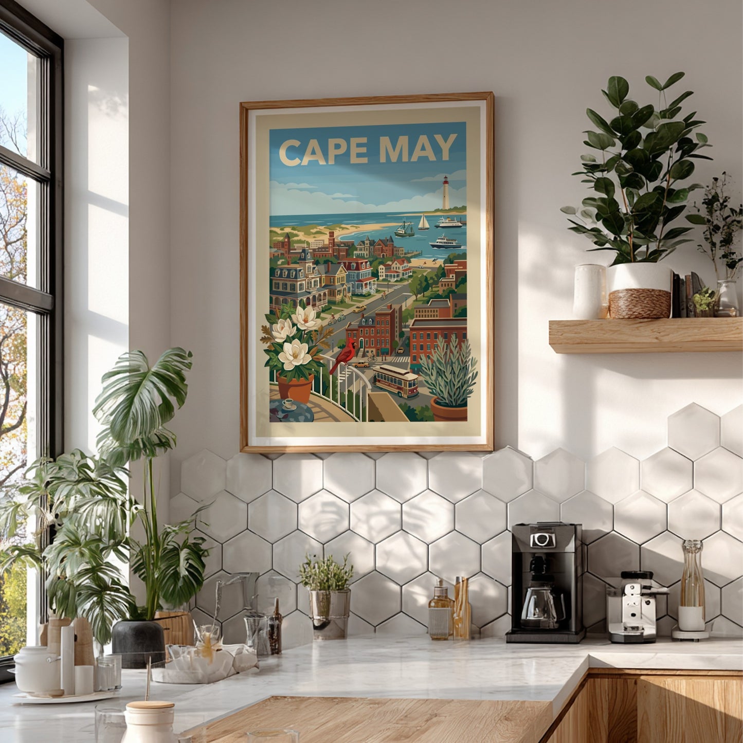 Vintage style illustration of Cape May seaside town with lighthouse, boats, and Victorian houses.