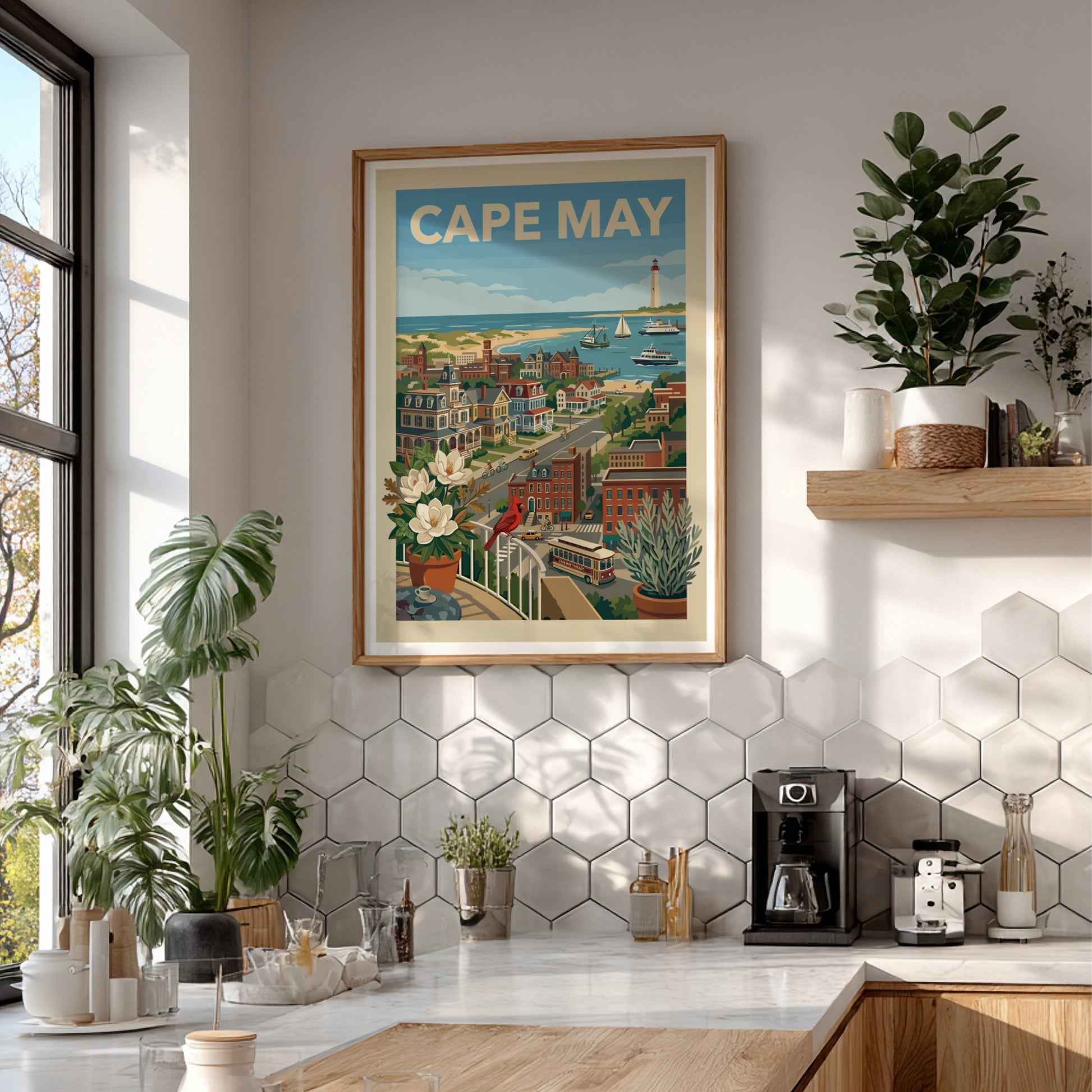 Vintage style illustration of Cape May seaside town with lighthouse, boats, and Victorian houses.