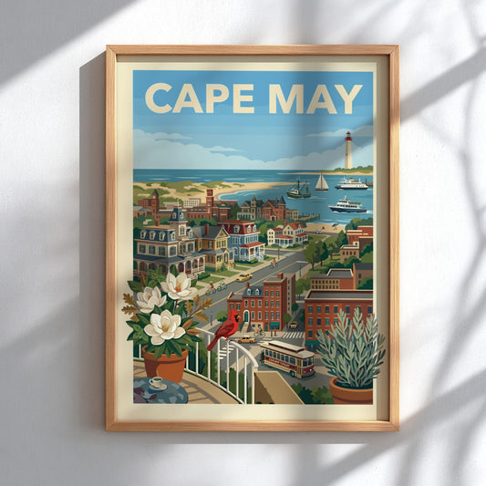 Vintage style illustration of Cape May seaside town with lighthouse, boats, and Victorian houses.