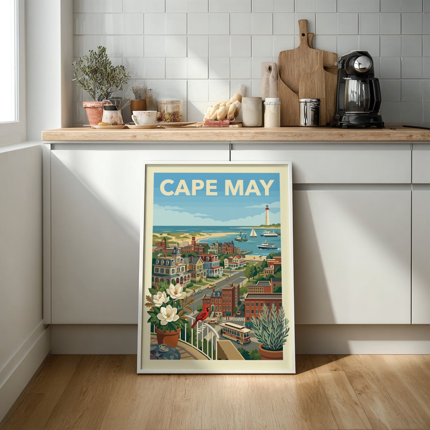 Vintage style illustration of Cape May seaside town with lighthouse, boats, and Victorian houses.