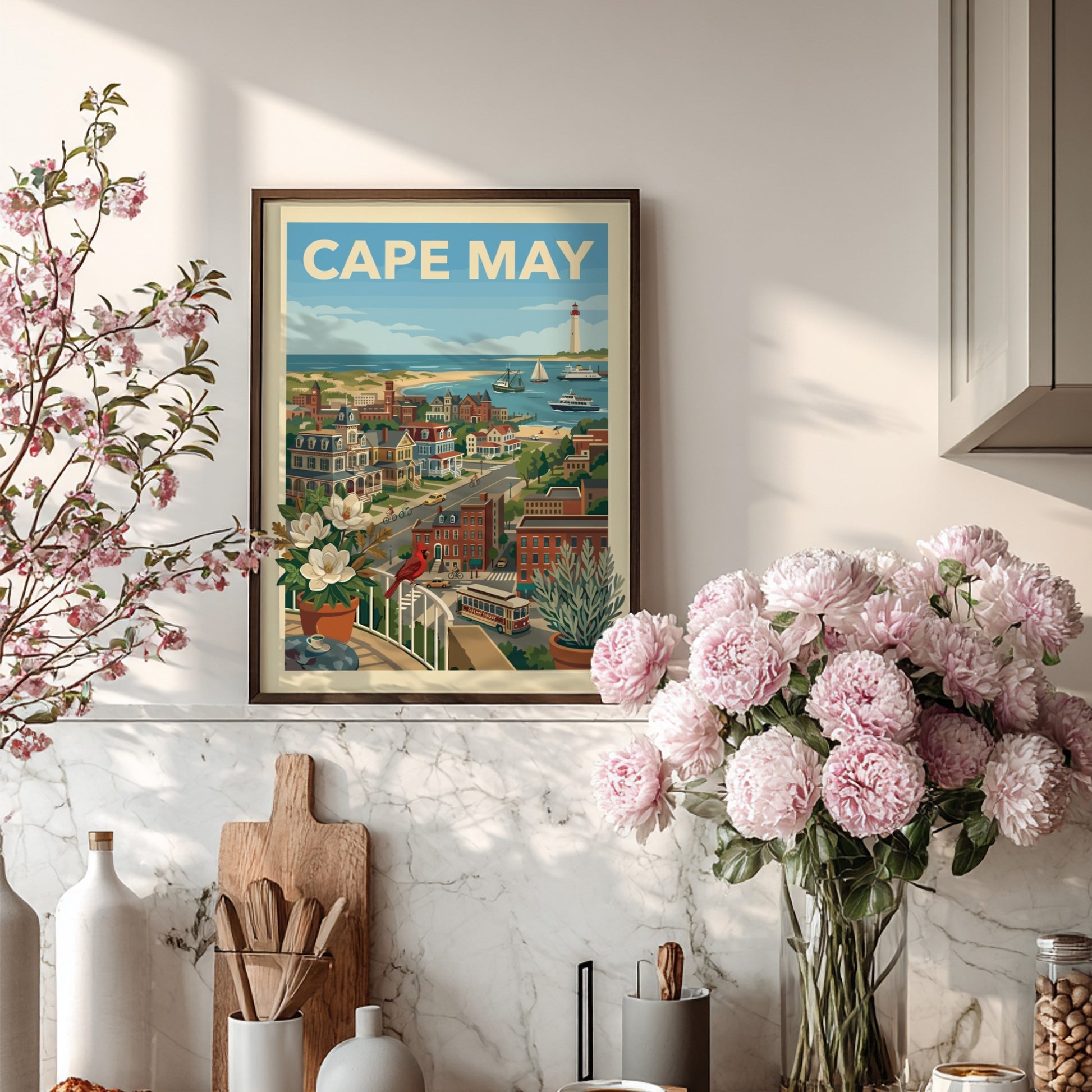 Vintage style illustration of Cape May seaside town with lighthouse, boats, and Victorian houses.