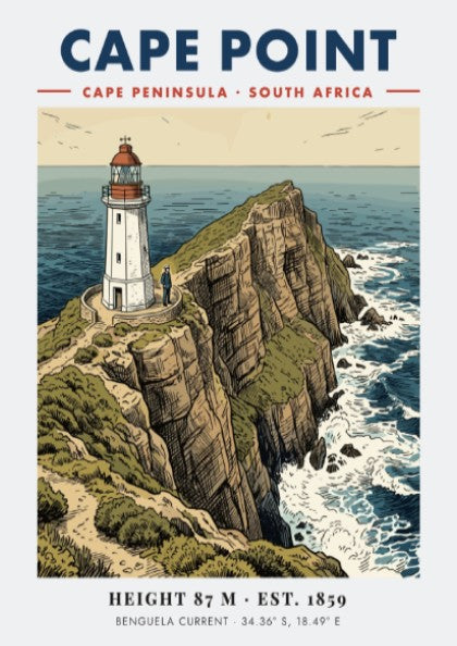 Poster of the Cape Point lighthouse on rugged cliffs overlooking the South African ocean