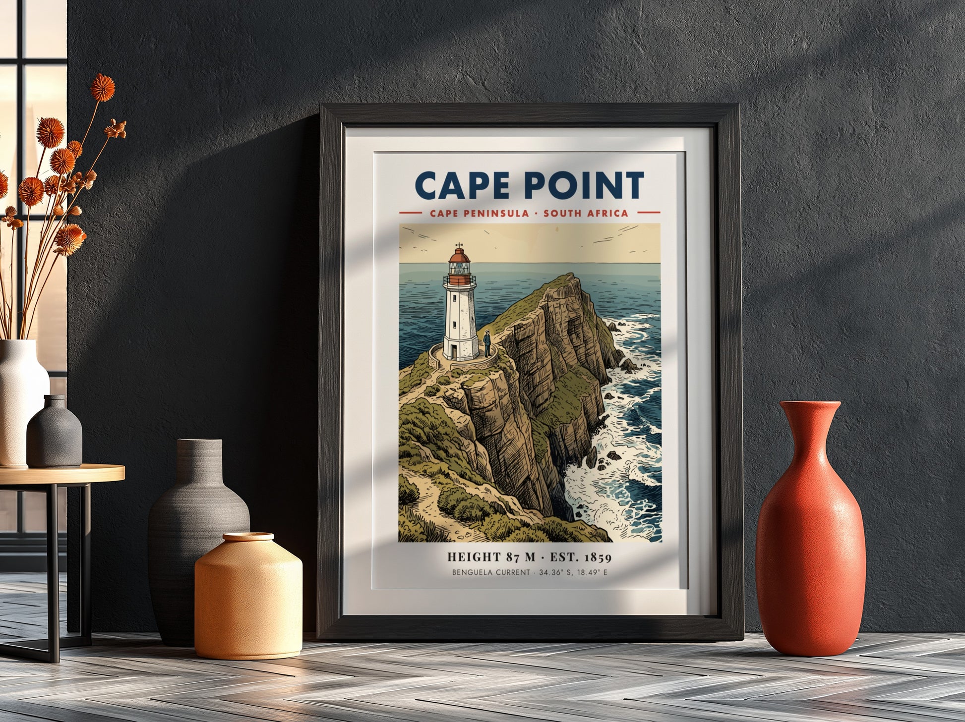 Poster of the Cape Point lighthouse on rugged cliffs overlooking the South African ocean