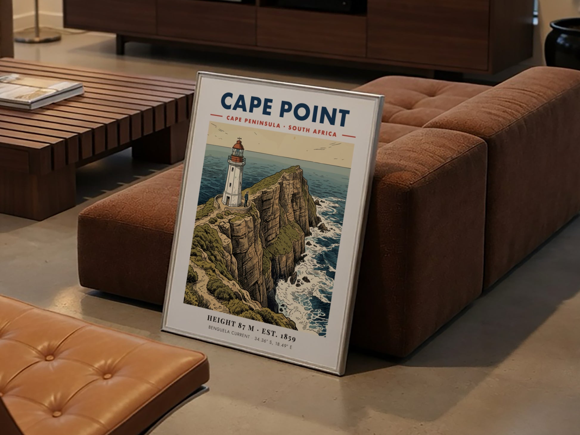 Poster of the Cape Point lighthouse on rugged cliffs overlooking the South African ocean
