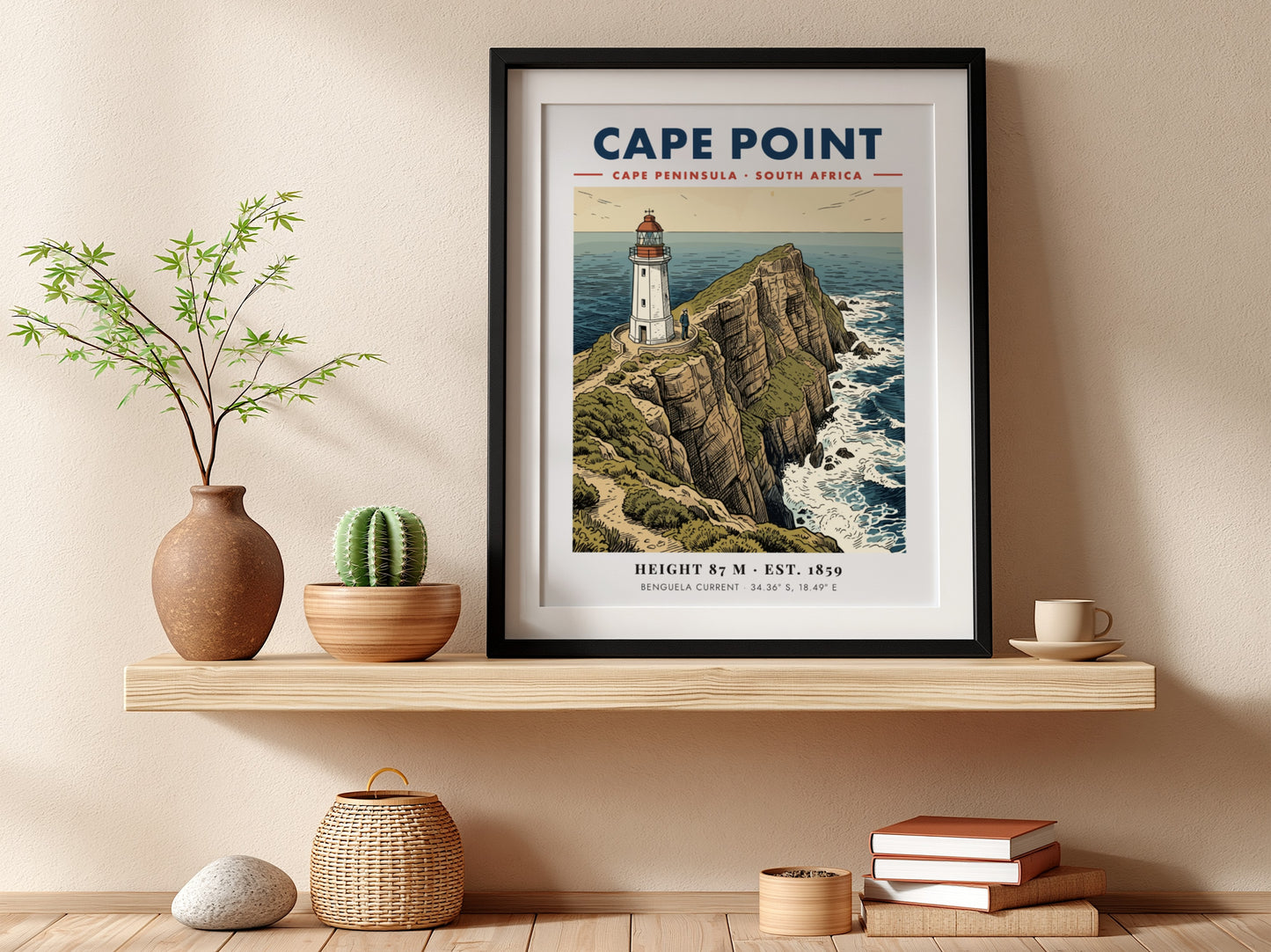 Poster of the Cape Point lighthouse on rugged cliffs overlooking the South African ocean