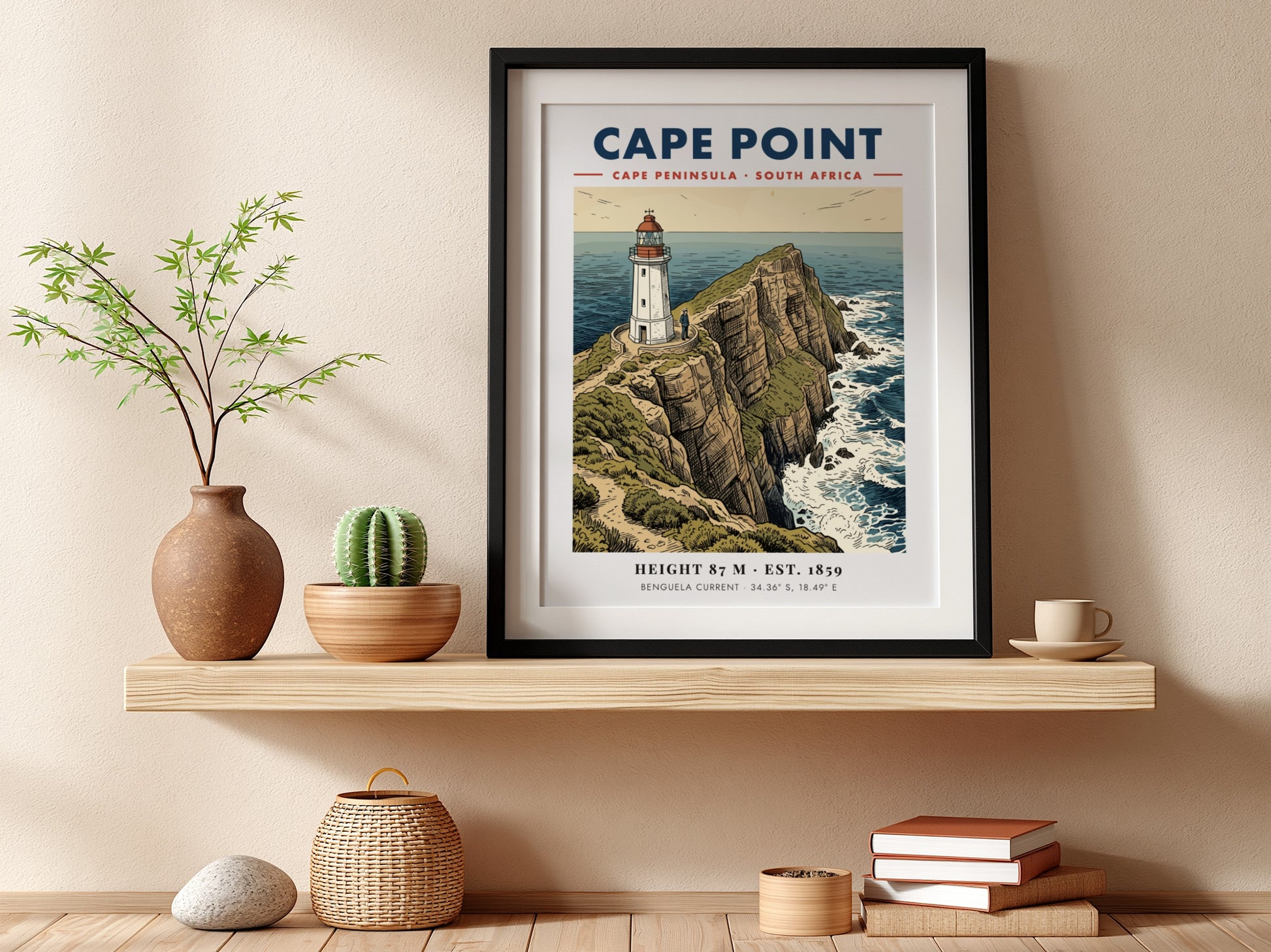 Poster of the Cape Point lighthouse on rugged cliffs overlooking the South African ocean