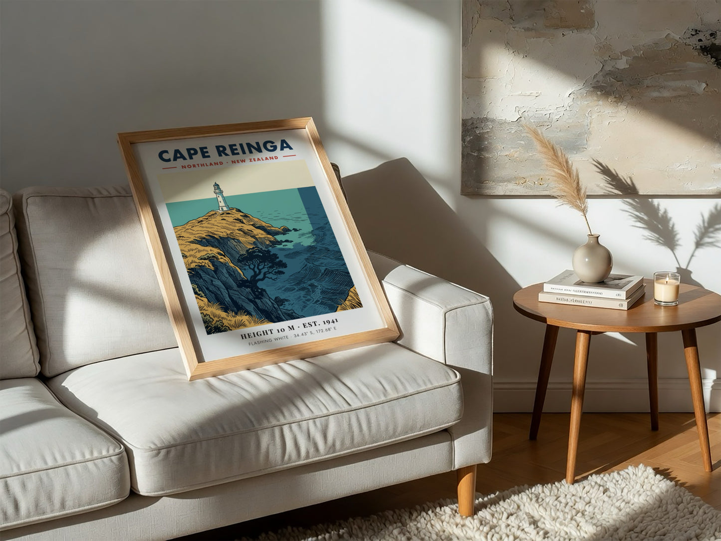 Poster of Cape Reinga lighthouse on golden cliffs overlooking the blue New Zealand ocean.