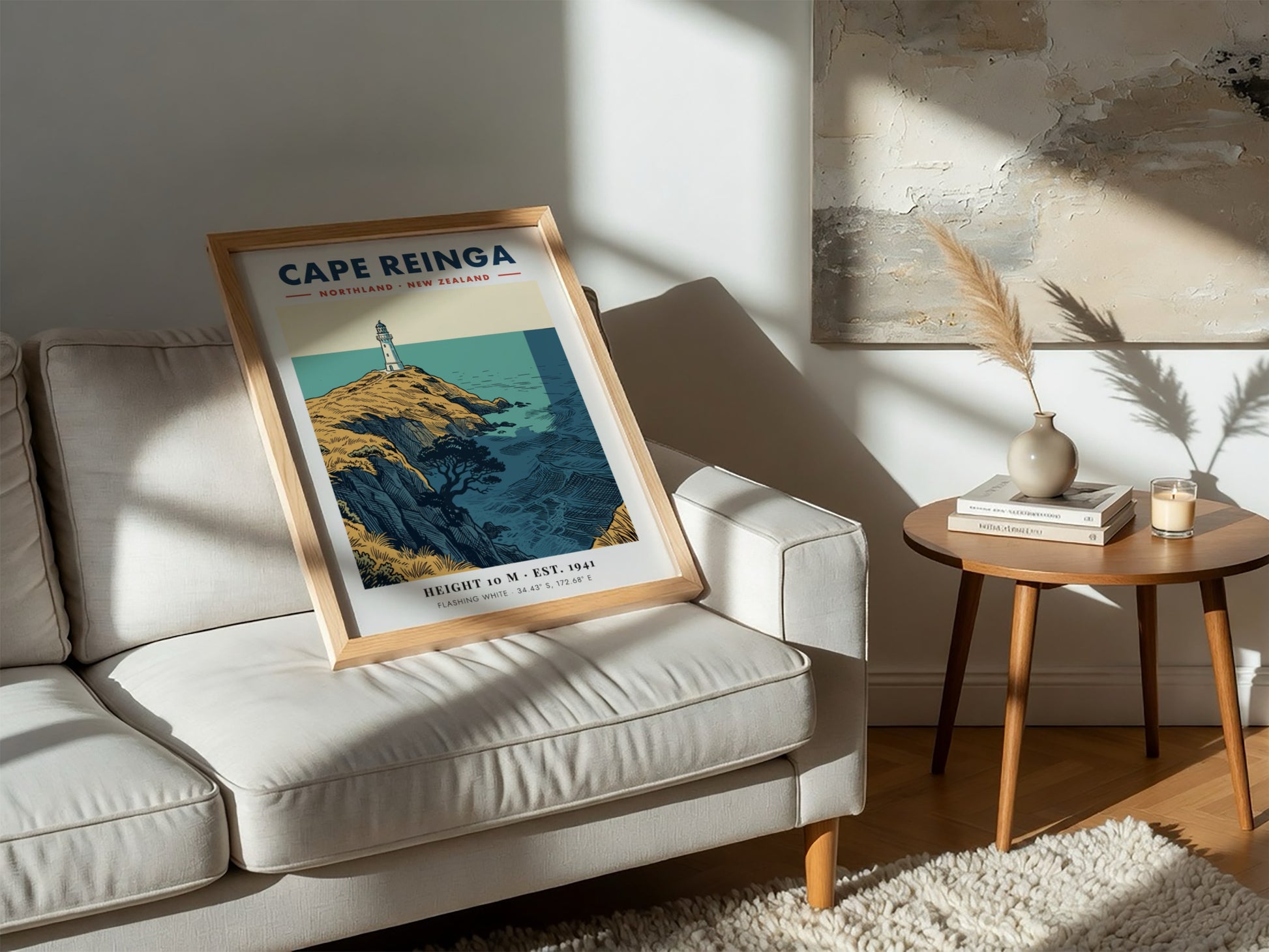 Poster of Cape Reinga lighthouse on golden cliffs overlooking the blue New Zealand ocean.