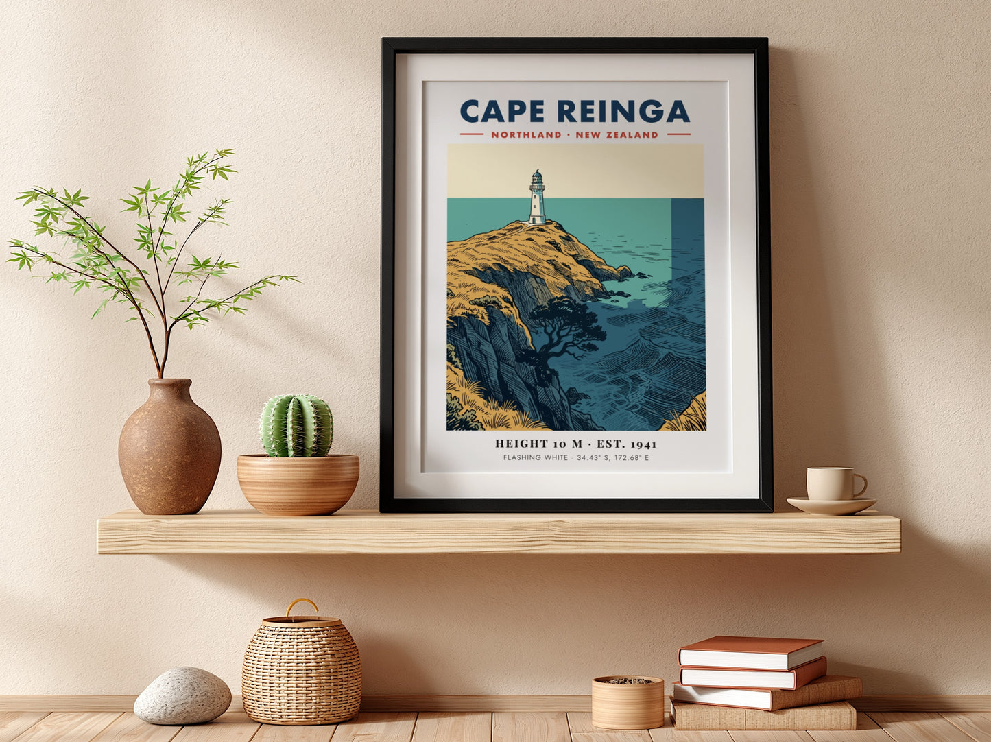 Poster of Cape Reinga lighthouse on golden cliffs overlooking the blue New Zealand ocean.