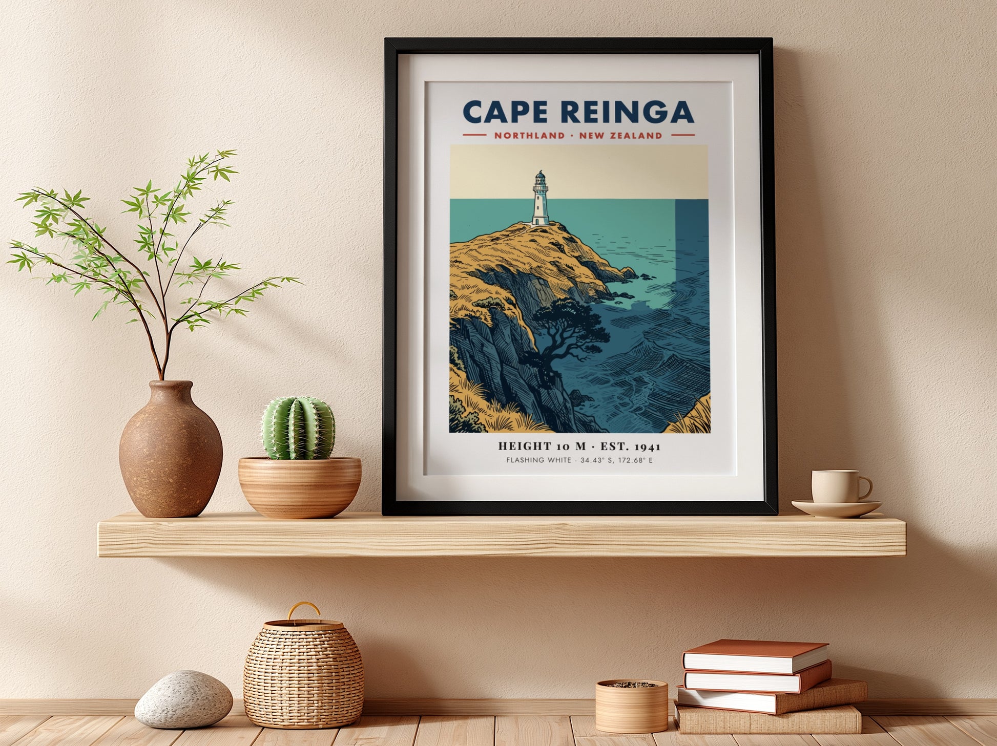 Poster of Cape Reinga lighthouse on golden cliffs overlooking the blue New Zealand ocean.