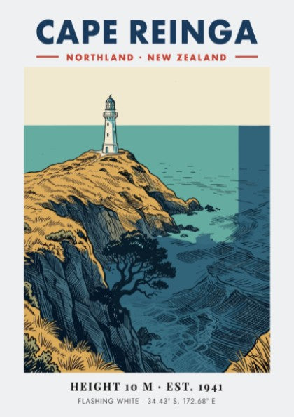 Poster of Cape Reinga lighthouse on golden cliffs overlooking the blue New Zealand ocean.