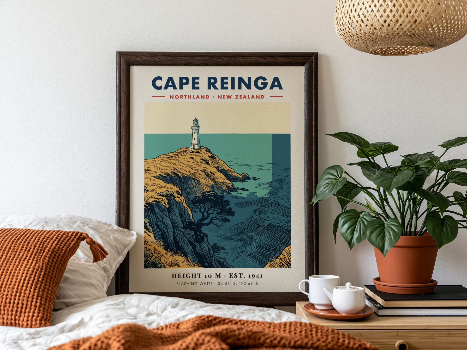 Poster of Cape Reinga lighthouse on golden cliffs overlooking the blue New Zealand ocean.