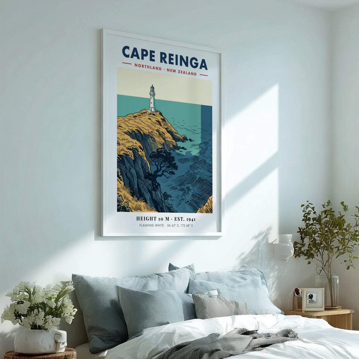 Poster of Cape Reinga lighthouse on golden cliffs overlooking the blue New Zealand ocean.