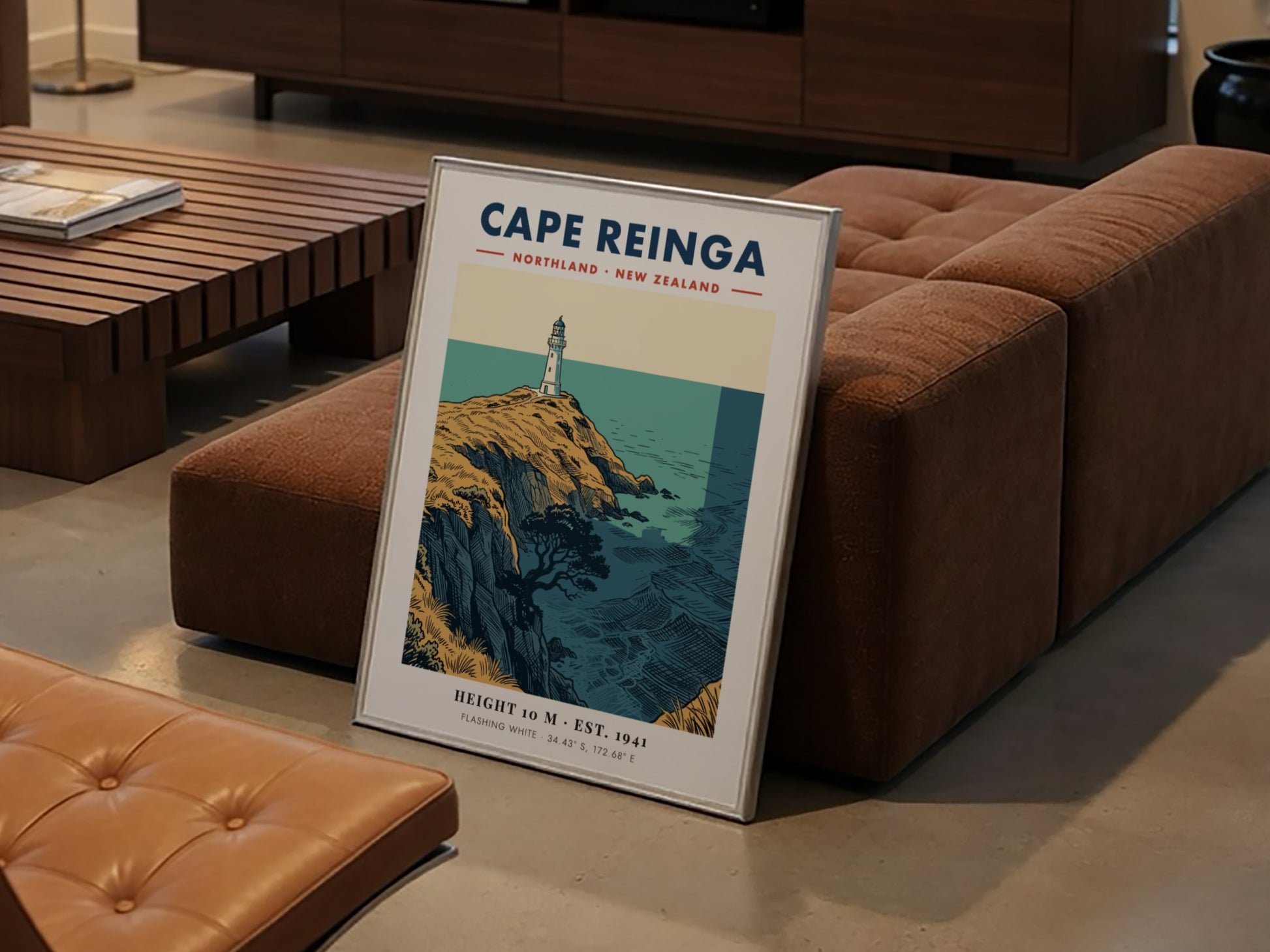 Poster of Cape Reinga lighthouse on golden cliffs overlooking the blue New Zealand ocean.