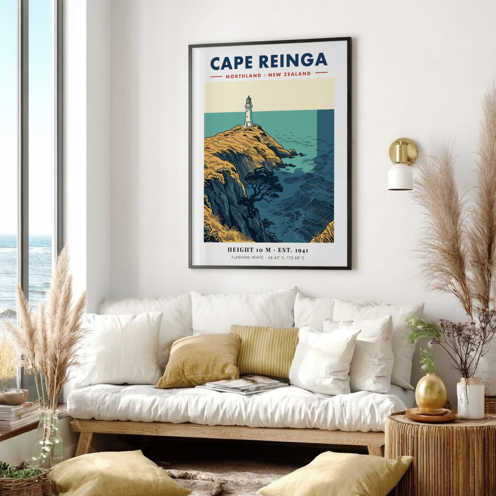 Poster of Cape Reinga lighthouse on golden cliffs overlooking the blue New Zealand ocean.