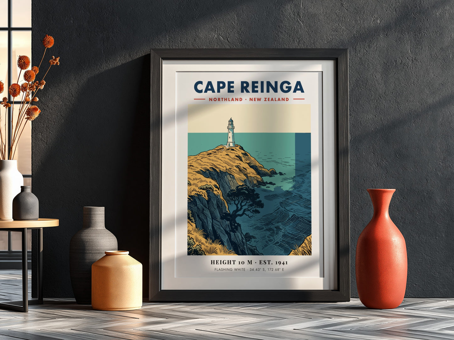Poster of Cape Reinga lighthouse on golden cliffs overlooking the blue New Zealand ocean.