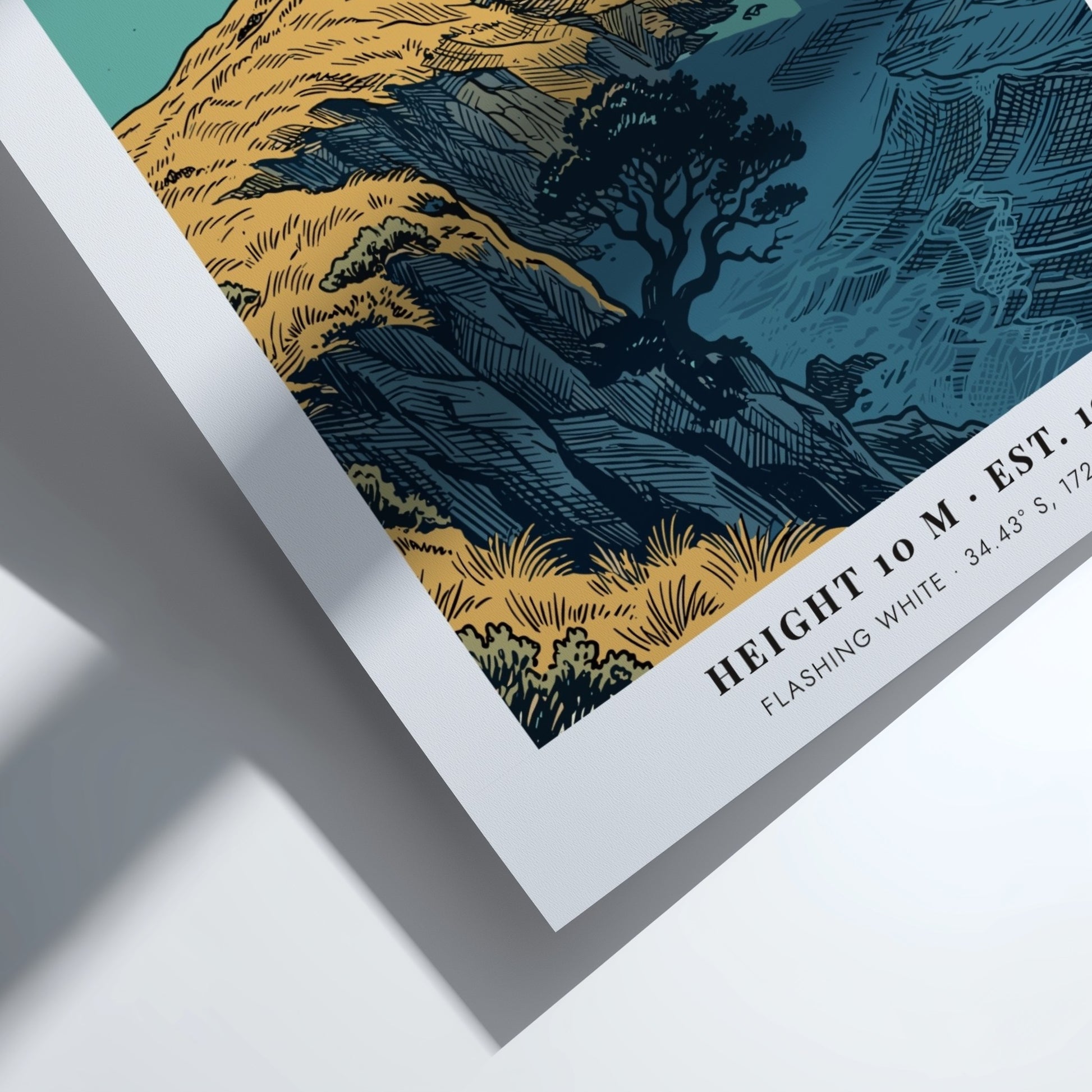 Poster of Cape Reinga lighthouse on golden cliffs overlooking the blue New Zealand ocean.