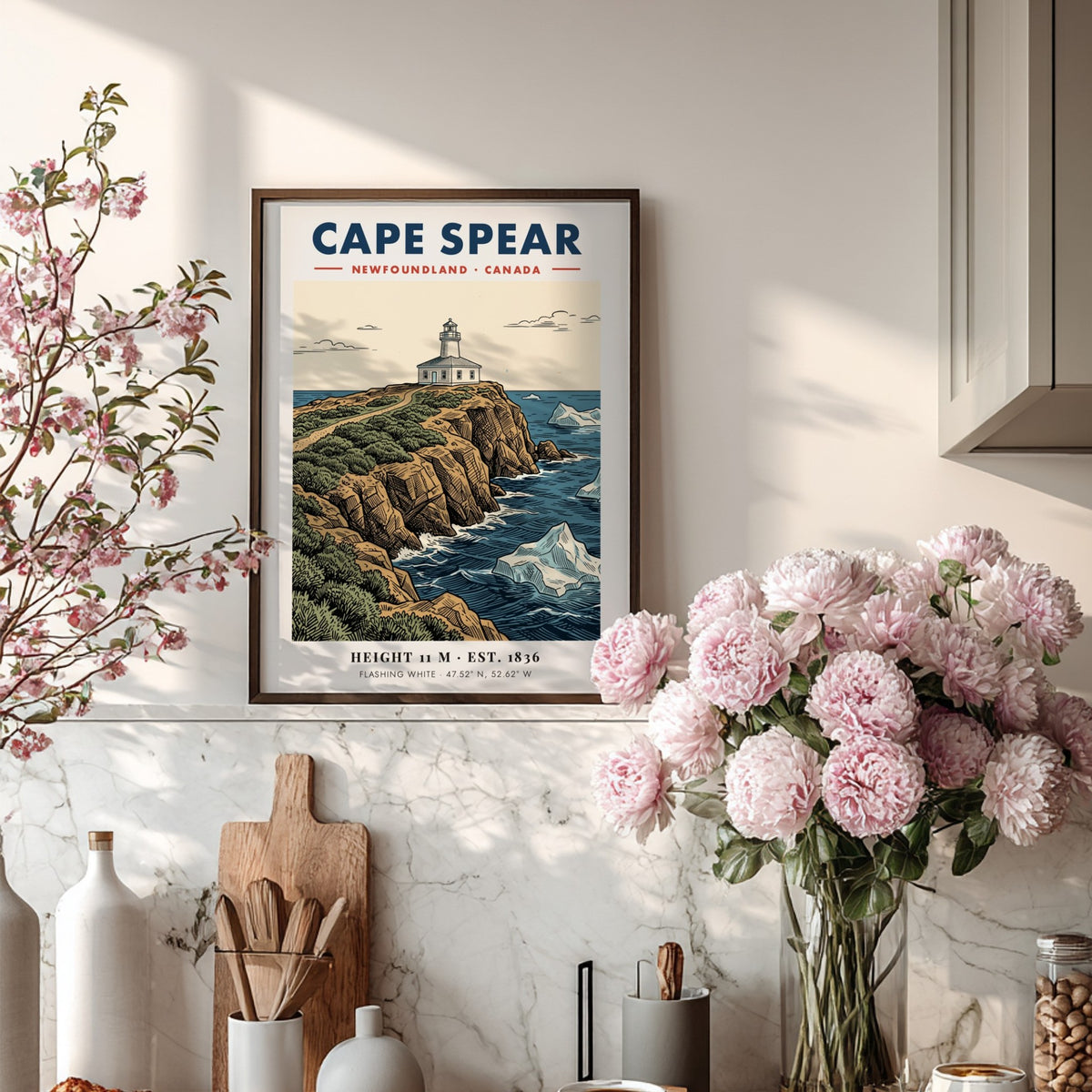 Poster featuring the historic Cape Spear lighthouse atop rocky cliffs with floating icebergs.