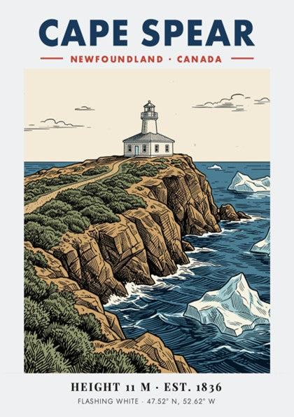 Poster featuring the historic Cape Spear lighthouse atop rocky cliffs with floating icebergs.