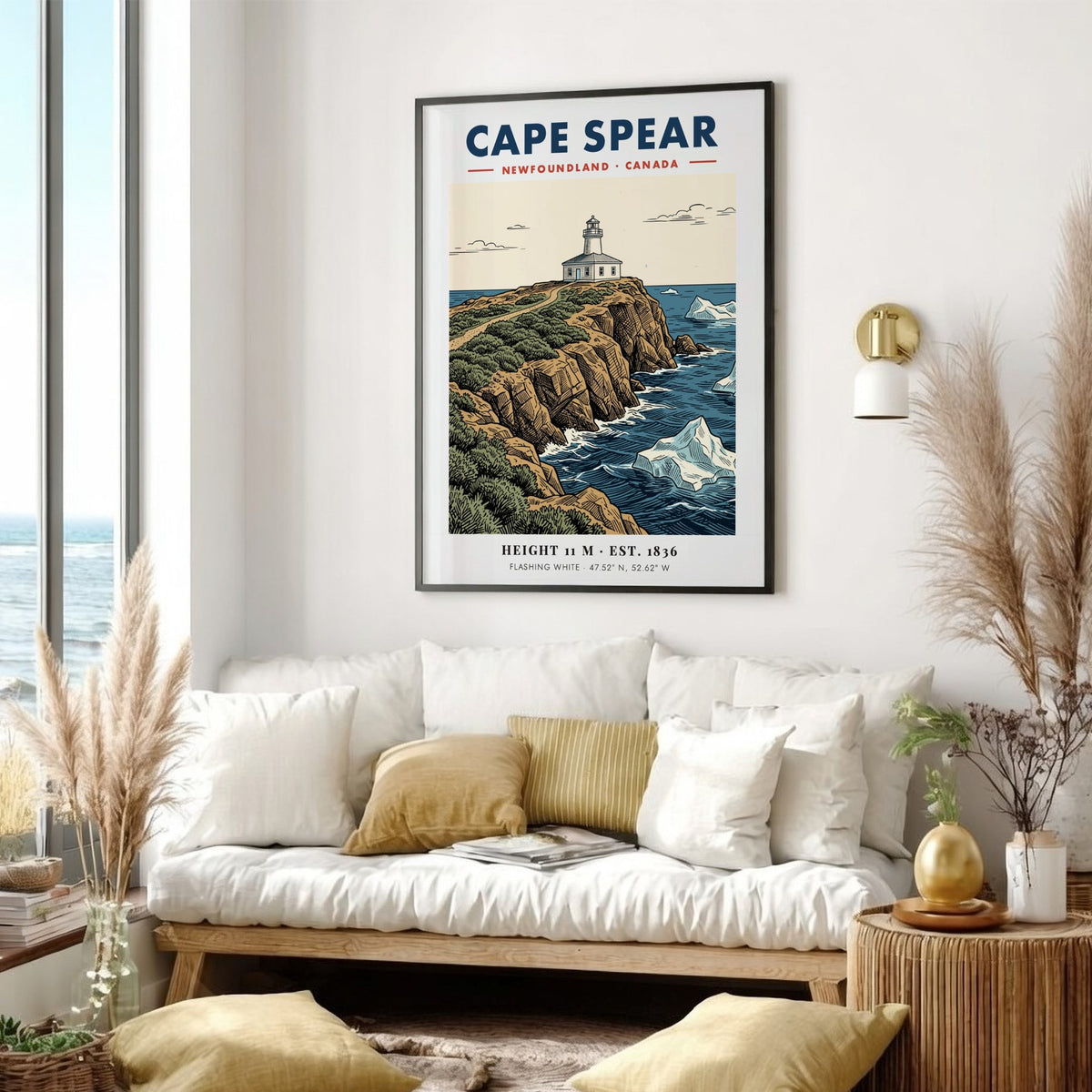Poster featuring the historic Cape Spear lighthouse atop rocky cliffs with floating icebergs.