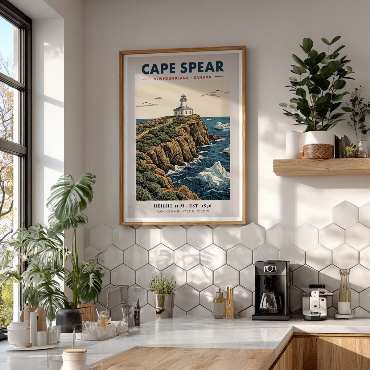 Poster featuring the historic Cape Spear lighthouse atop rocky cliffs with floating icebergs.