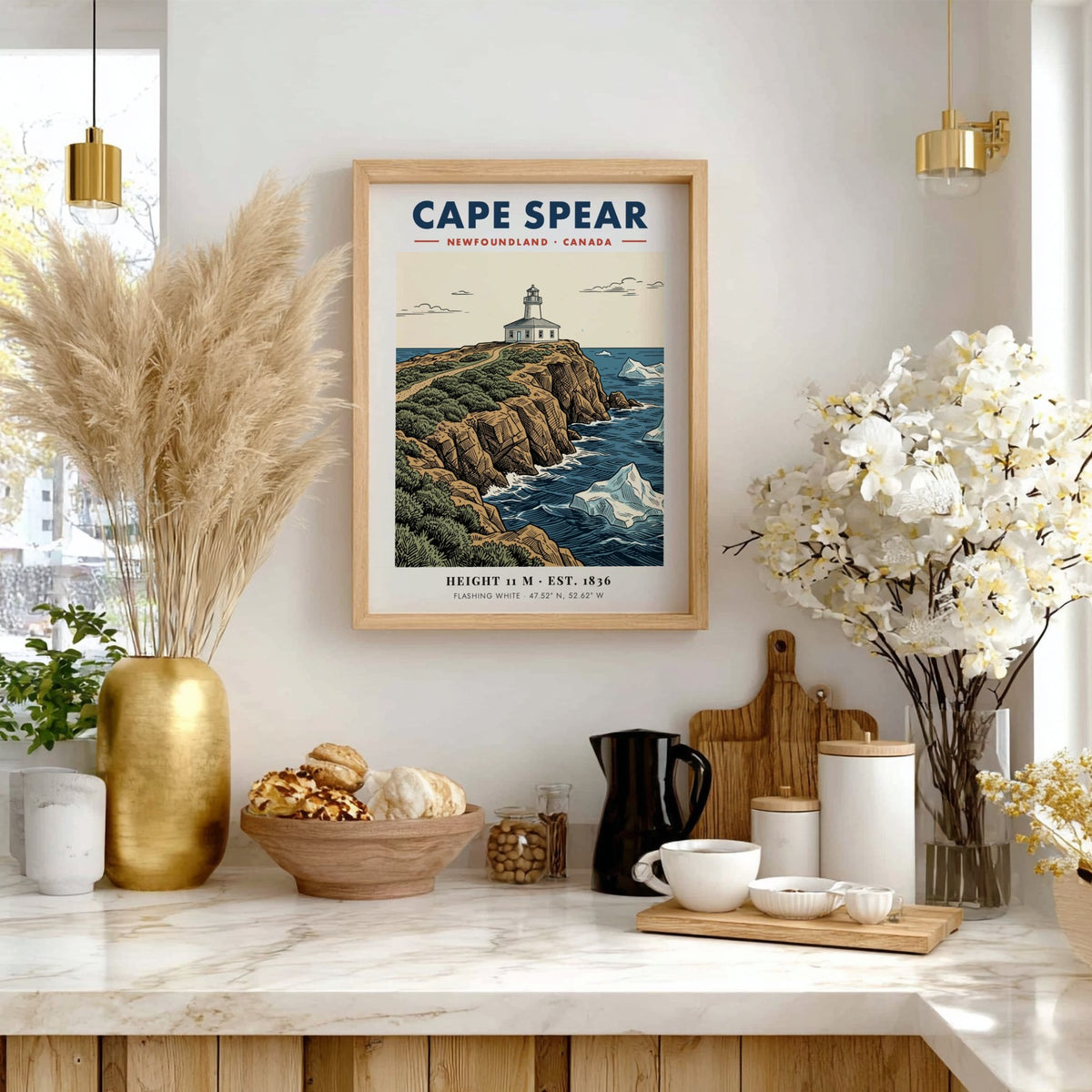 Poster featuring the historic Cape Spear lighthouse atop rocky cliffs with floating icebergs.