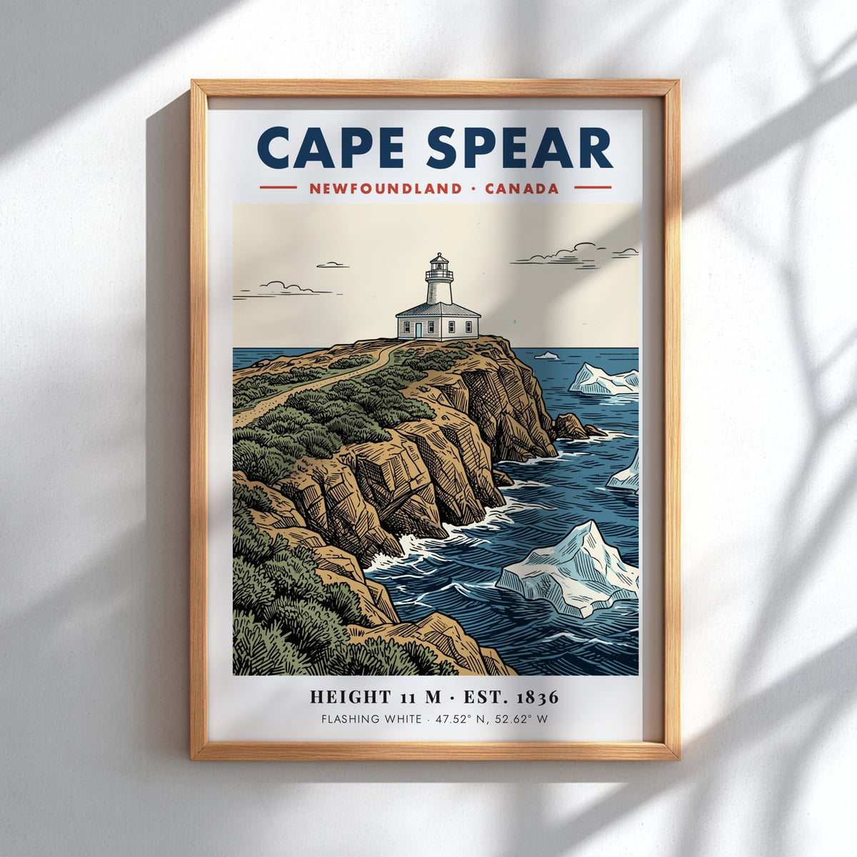 Poster featuring the historic Cape Spear lighthouse atop rocky cliffs with floating icebergs.