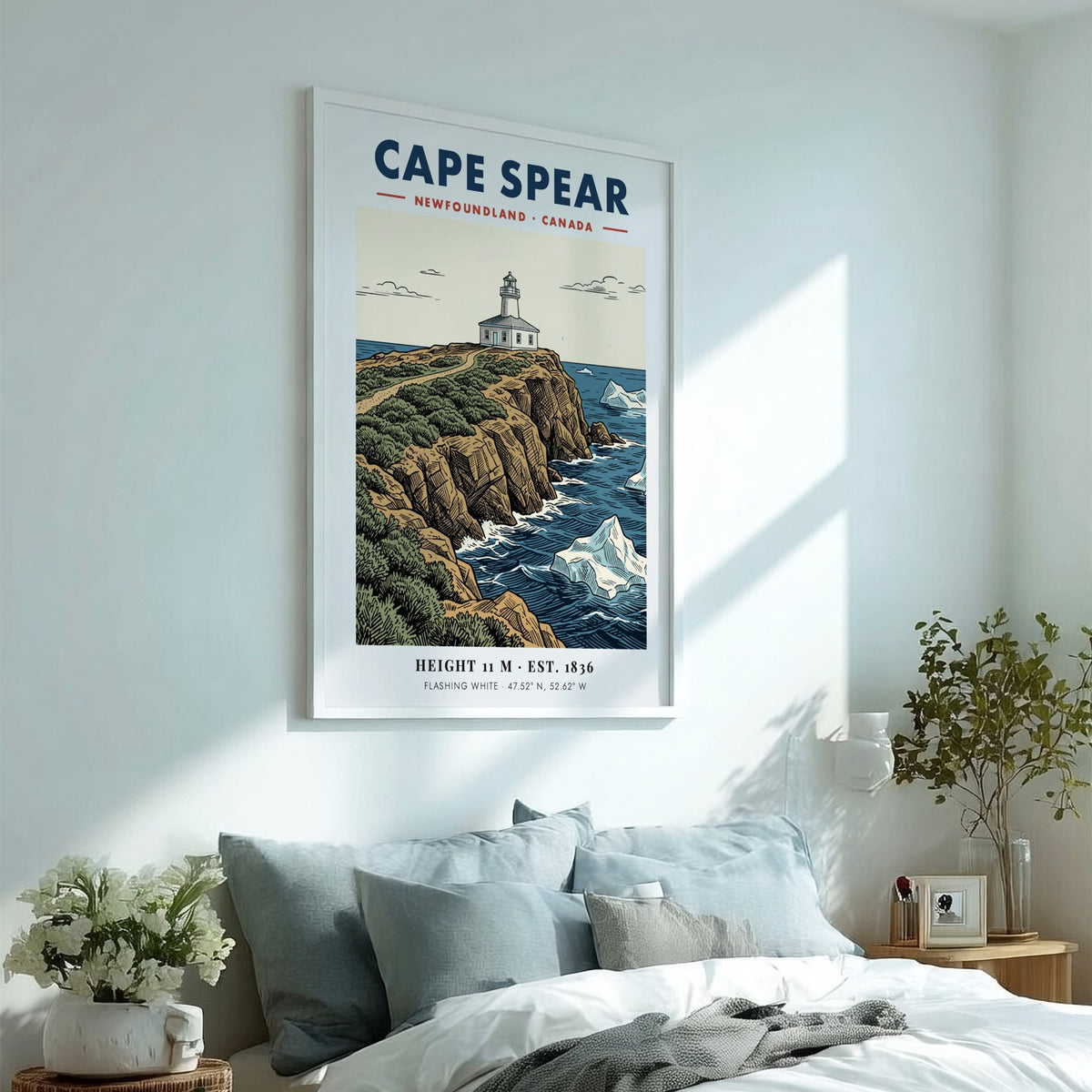 Poster featuring the historic Cape Spear lighthouse atop rocky cliffs with floating icebergs.