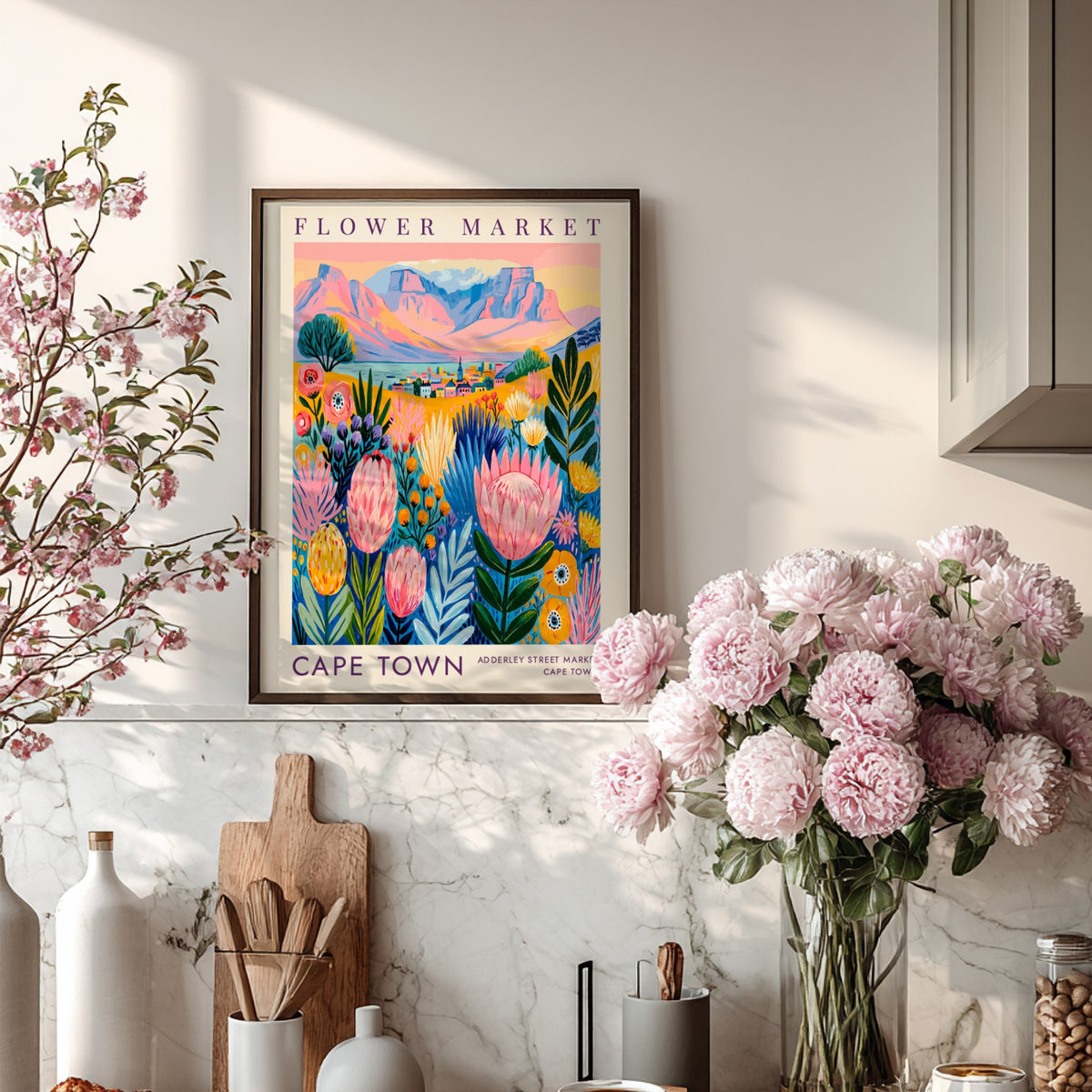 Flower market poster featuring vibrant colors and cityscape elements, perfect for home decor and nature lovers