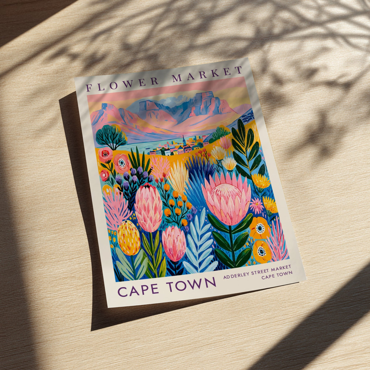 Flower market poster featuring vibrant colors and cityscape elements, perfect for home decor and nature lovers