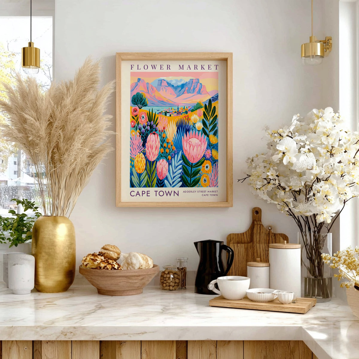 Flower market poster featuring vibrant colors and cityscape elements, perfect for home decor and nature lovers