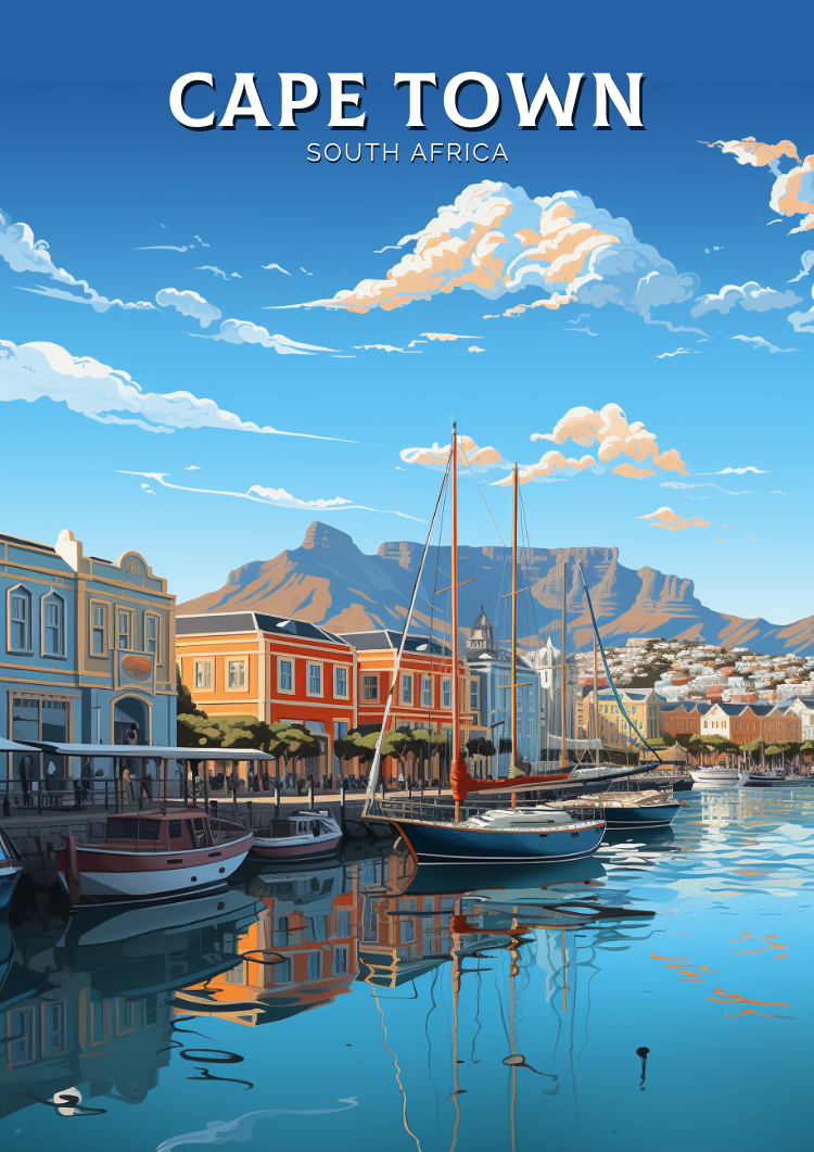 A vibrant retro travel poster featuring Cape Town, South Africa, with Table Mountain in the background and colorful buildings and boats along the waterfront. The poster has a nostalgic vintage feel with bold, rich colors and a clear blue sky.