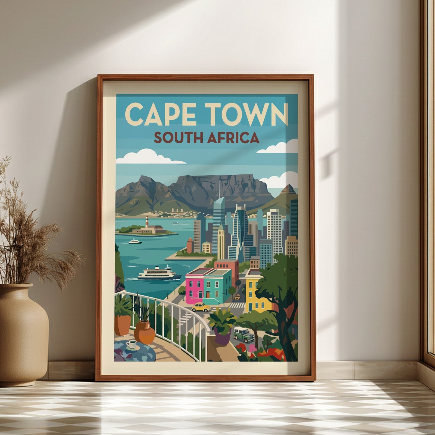 Stylized Cape Town travel poster with Table Mountain, cityscape, and colourful buildings.