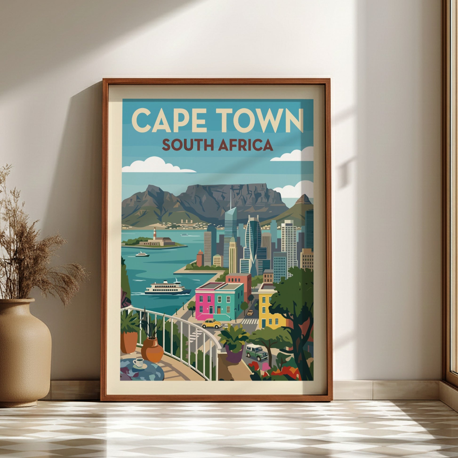 Stylized Cape Town travel poster with Table Mountain, cityscape, and colourful buildings.