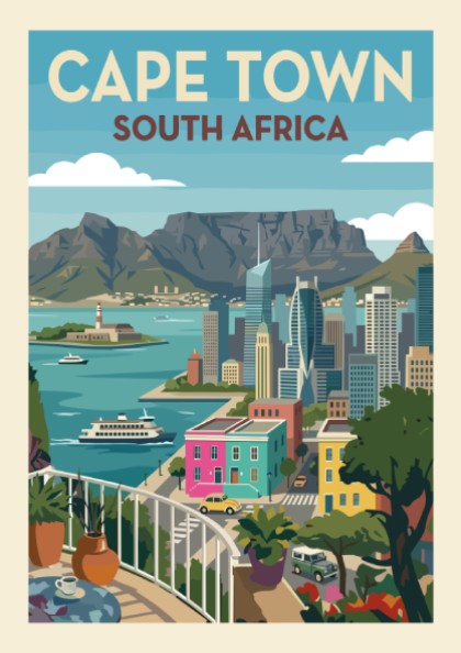 Stylized Cape Town travel poster with Table Mountain, cityscape, and colourful buildings.
