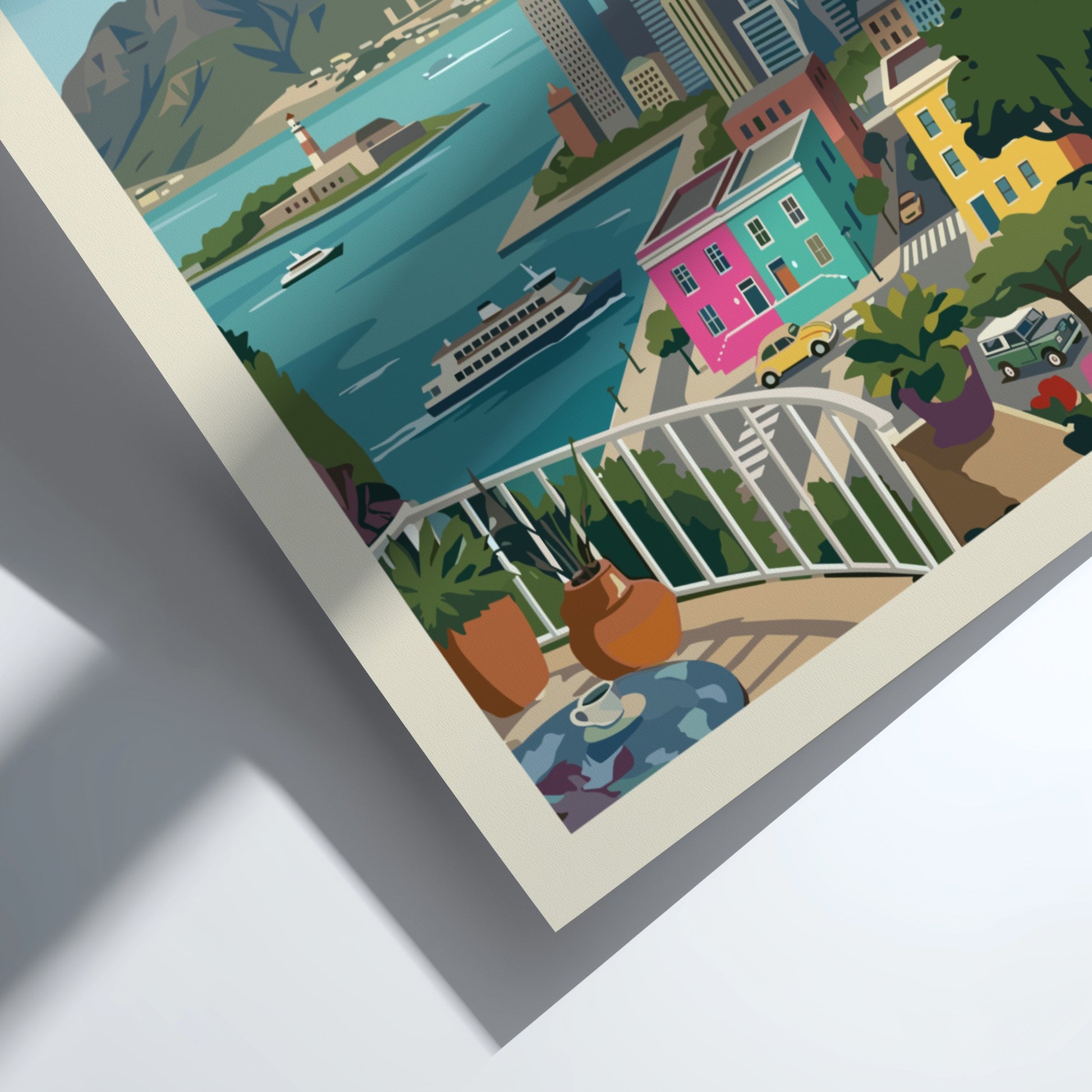 Stylized Cape Town travel poster with Table Mountain, cityscape, and colourful buildings.