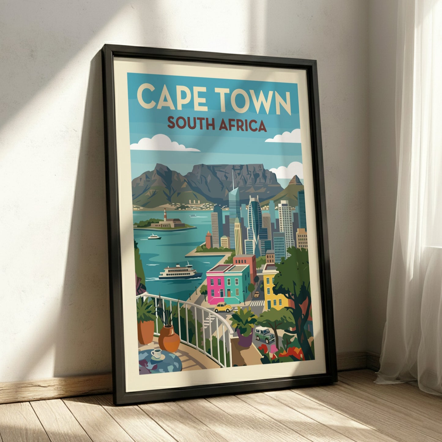Stylized Cape Town travel poster with Table Mountain, cityscape, and colourful buildings.