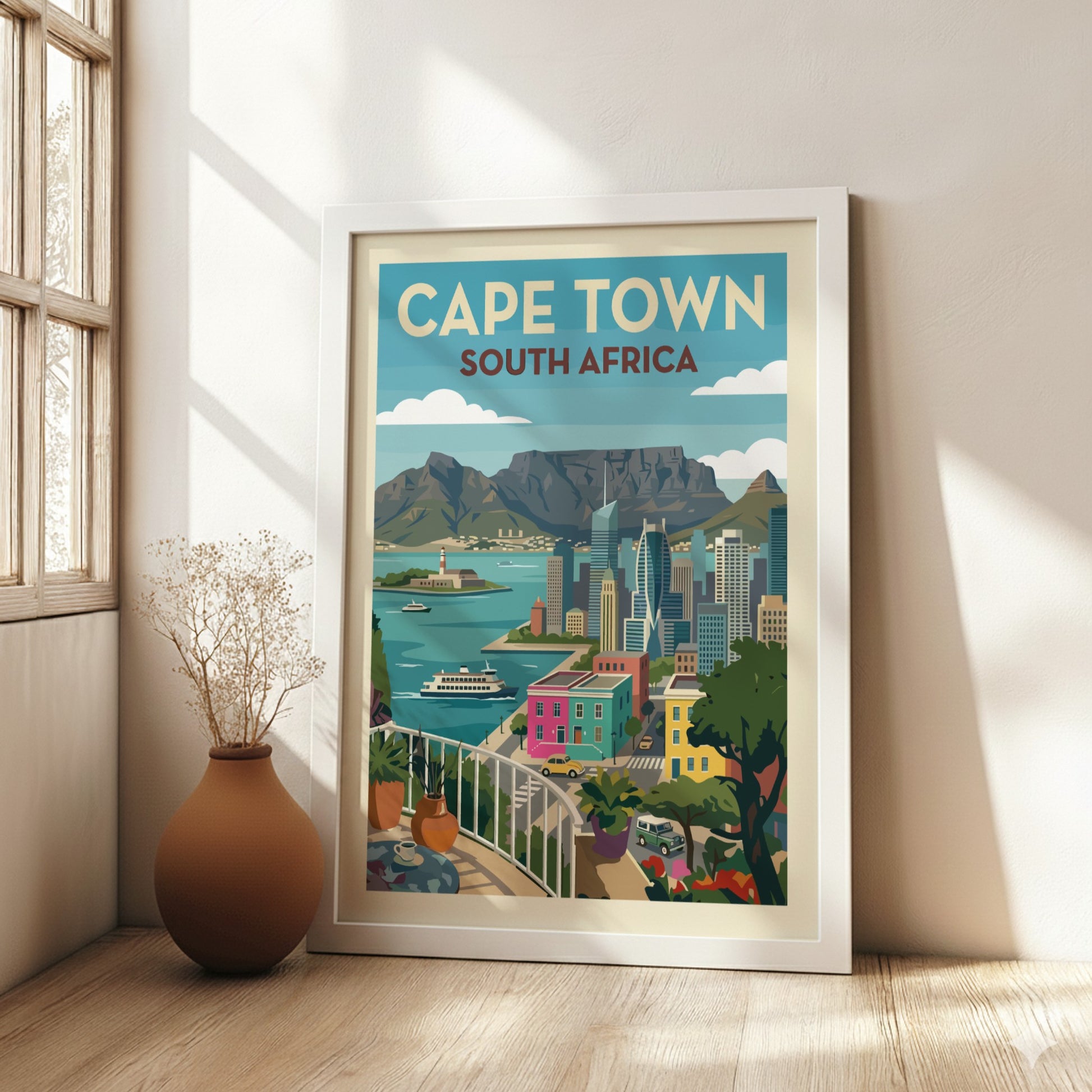 Stylized Cape Town travel poster with Table Mountain, cityscape, and colourful buildings.