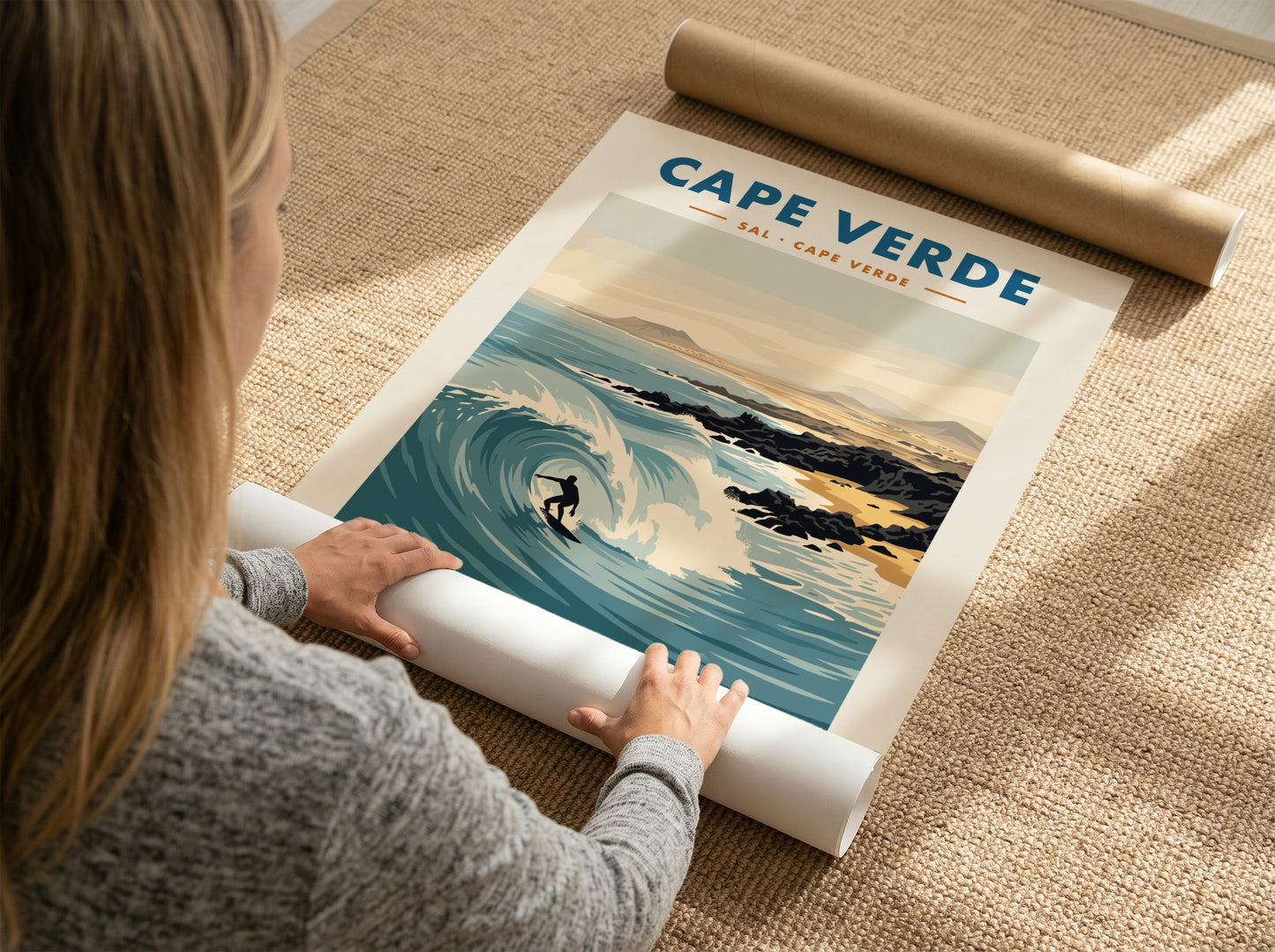 Cape Verde surf poster featuring a surfer on a wave with volcanic hills.