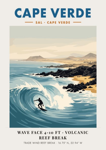 Cape Verde surf poster featuring a surfer on a wave with volcanic hills.
