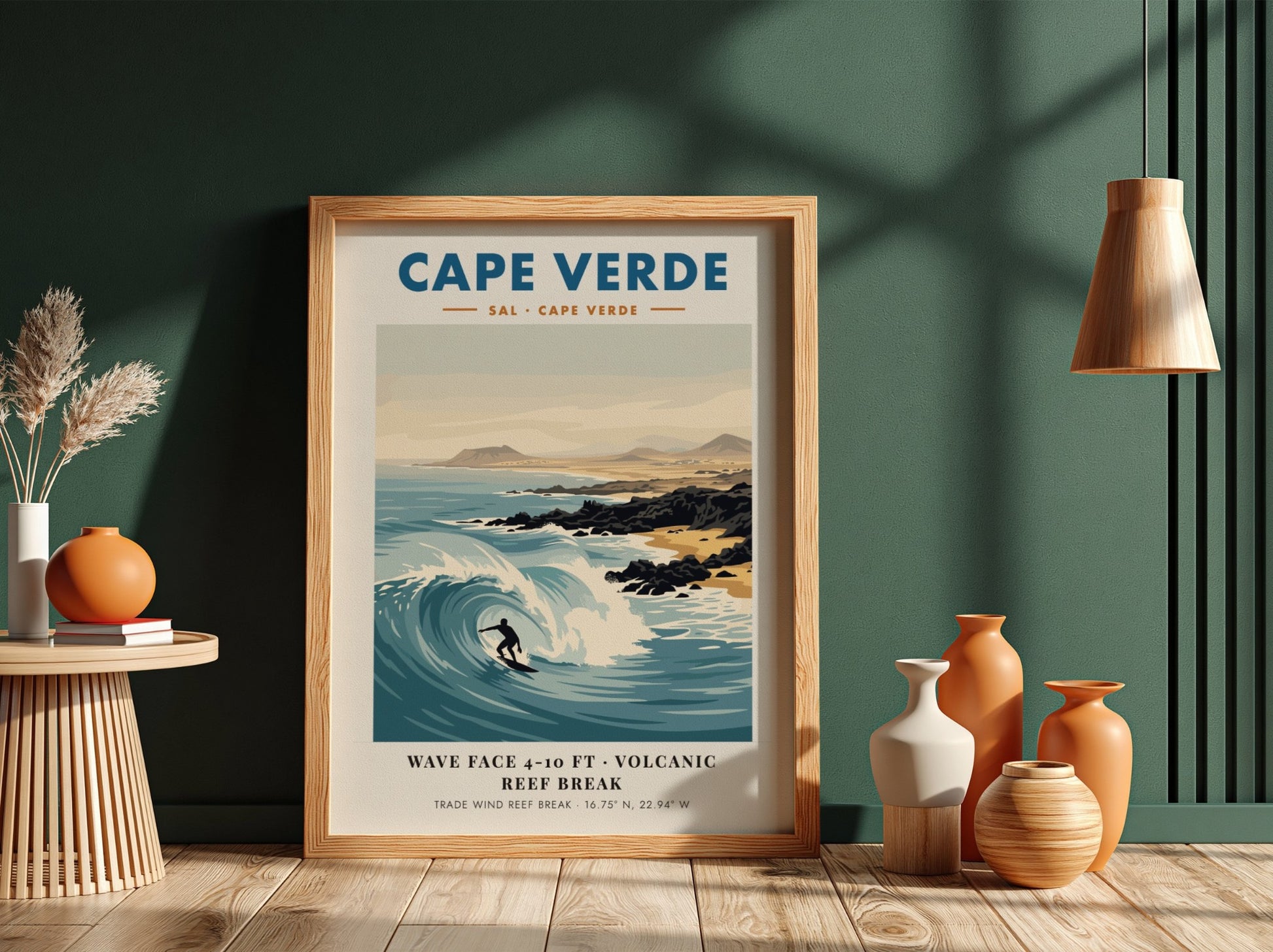 Cape Verde surf poster featuring a surfer on a wave with volcanic hills.