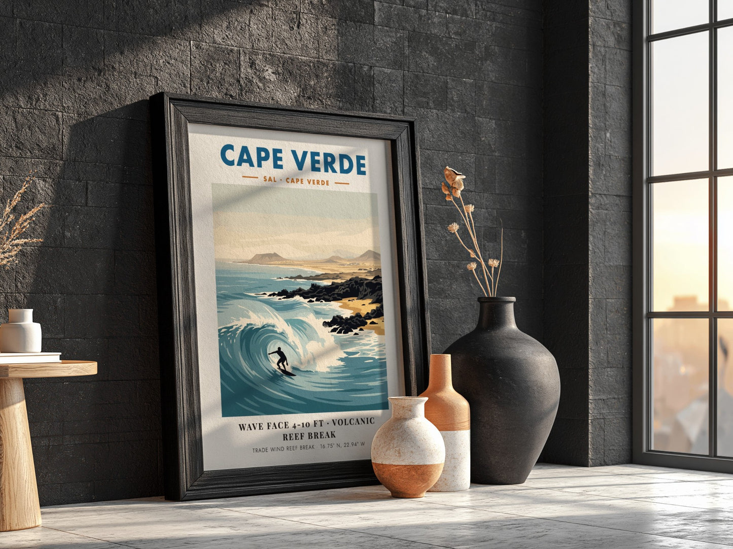 Cape Verde surf poster featuring a surfer on a wave with volcanic hills.