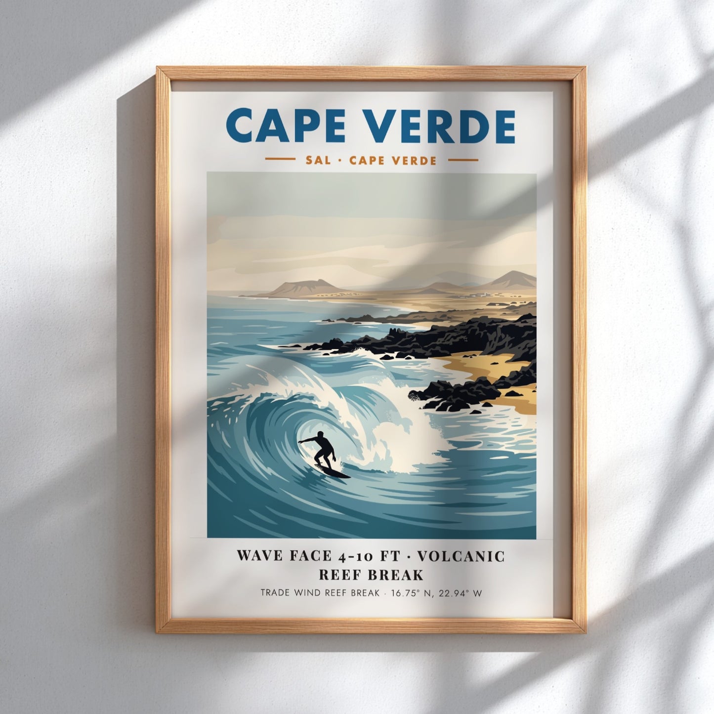 Cape Verde surf poster featuring a surfer on a wave with volcanic hills.